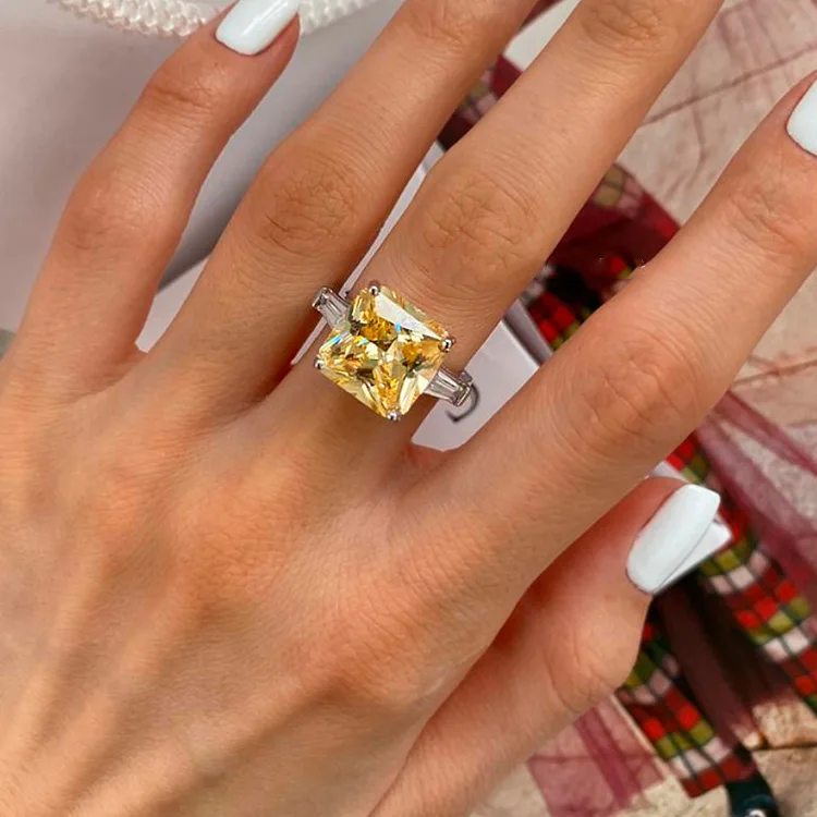 Cut Yellow Diamond And Princess Square Zircon Diamond Decorated S925 Sterling Silver Open Ring Ideal For Engagement And Gifting