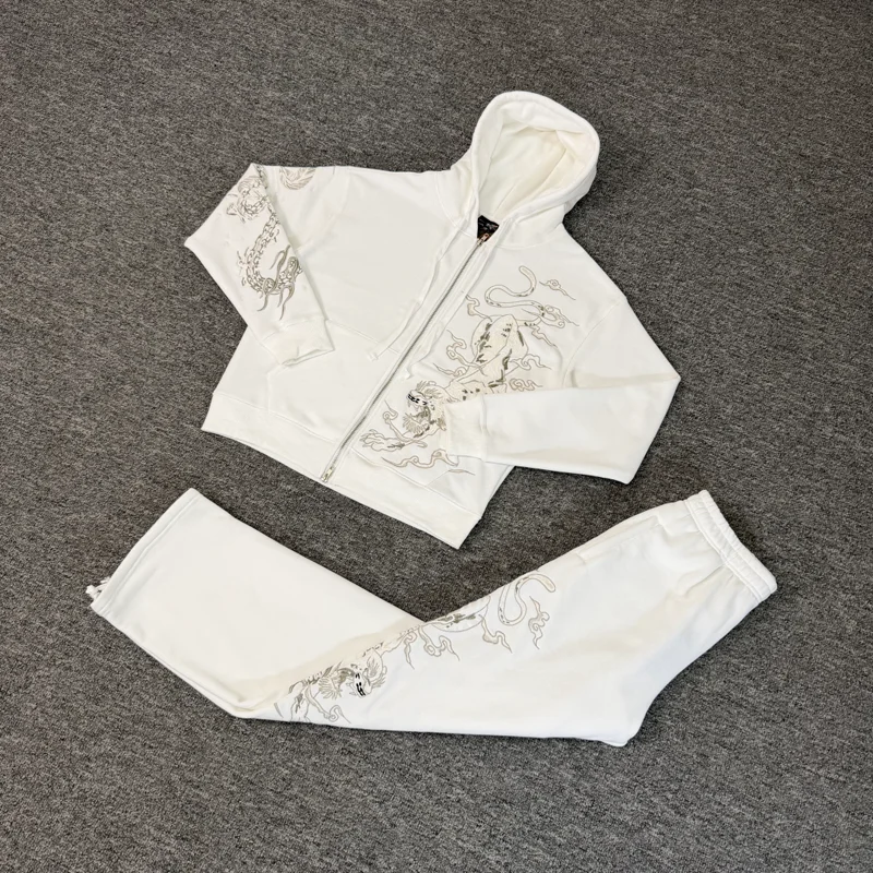 American Streetwear Heavy Animal Embroidered White Zip Up Sweatshirts Loose Fleece Man Woman Casual Derschutze Hoodies