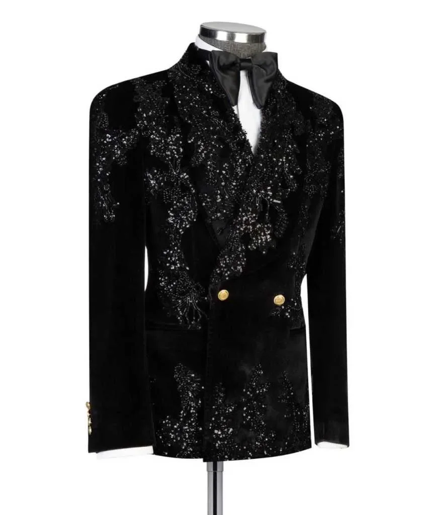 Sparkly Wedding Tuxedos Beaded Sequins 2 PCS Jacket Pants Men Suit Luxury Velvet Shawld Lapel Groom Business Blazers Customized