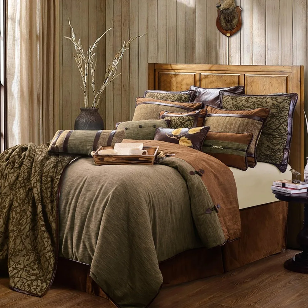 

Rustic Bedding 5 Piece King Size Comforter Set, Green Brown Western Bedding, Comforters