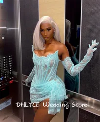 Sexy Blue Lace Short Prom Luxury For Black Girls 2024 Birthday Party Elegant Dresses Women Cocktail Dress With Gloves Customized