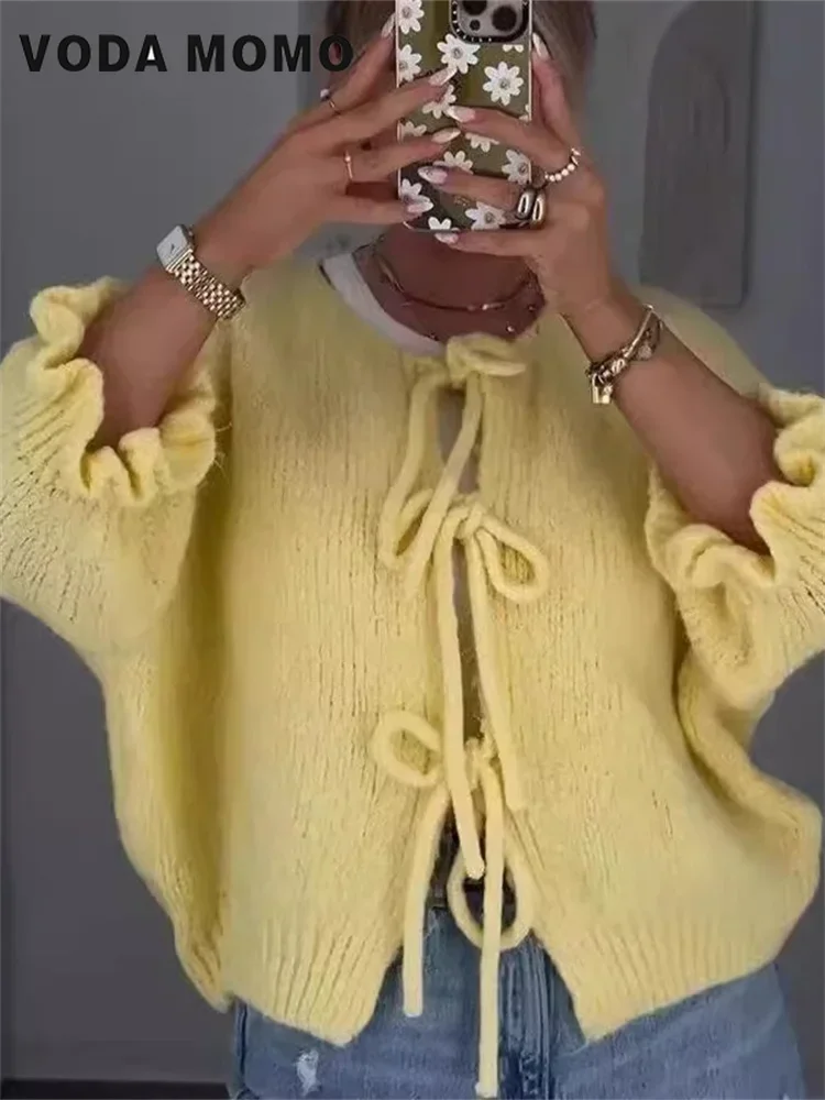 

Women Cardigans Tops 2024 New korean Fashion Elegant Crewneck Lace-up Petal Sleeve Knitwear Commuter Knit Sweater Coat Versatile