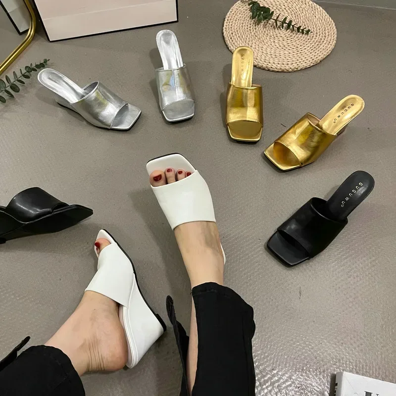 Retro Wedge Slippers Women Summer Wear Square Head Open Toe Thick Soled line Sexy High-heeled Slides