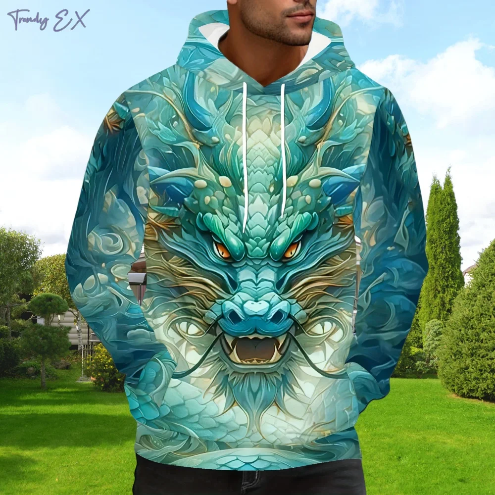 Men's Sweatshirt Vintage 3D Dragon Print Fashion Street Graphic Hoodies Outdoor Sport Kickball Comfort Pockets Pullover Hoodies