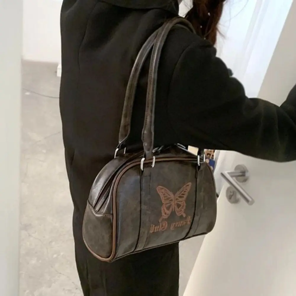 

PU Vintage PU Handbag Large Capacity Brown Embroidery Butterfly Shoulder Bag Korean Style Small Pack Female Boston Bag Students