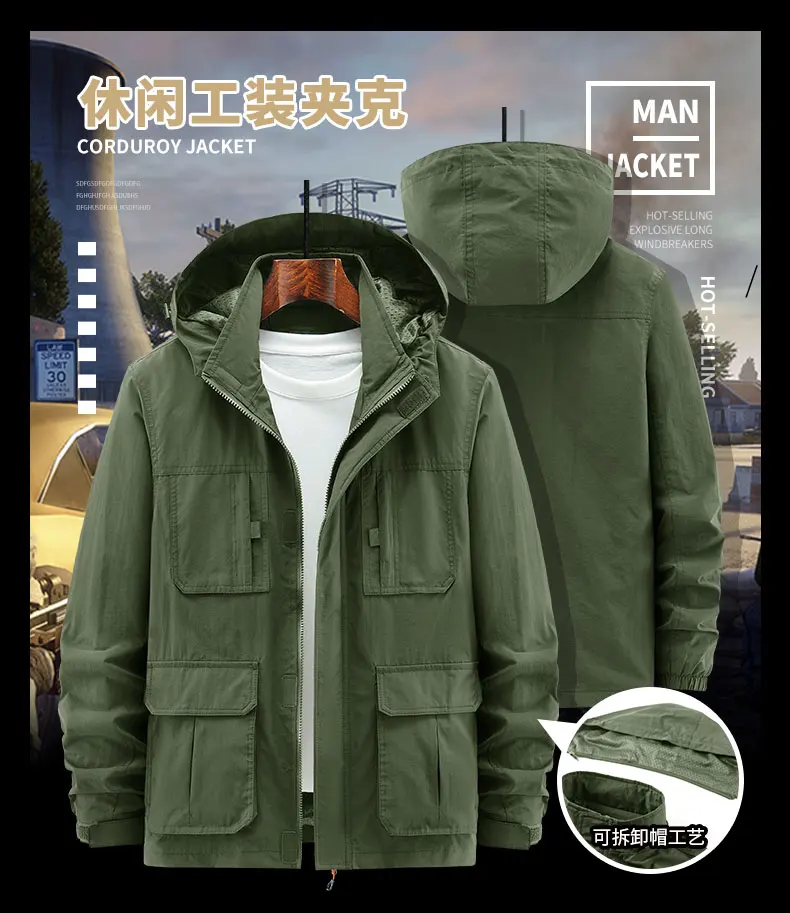 

American Handsome Men Outdoor Cargo Jacket Handsome Plus Size Loose Men Jacket Windproof Men Outerwear Zipper Hooded Jacket