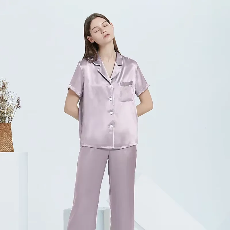 

100% Mulberry Silk Pyjamas Sleepwear 19MM Silk Pajamas Set Short-sleeved Trousers Two-piece Summer Women's Button-Down Pijama