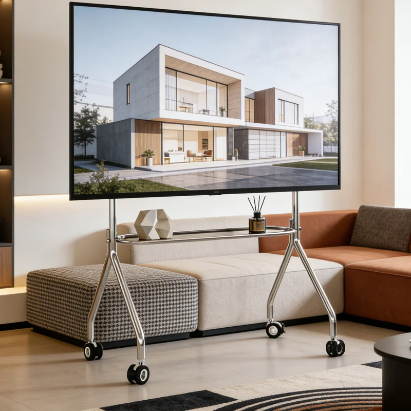 Nordic Simple 32-75 Inches TV Rack Luxury Modern Mobile Stand with Storage Shelf Stainless Steel Rolling Tv Cart for Living Room