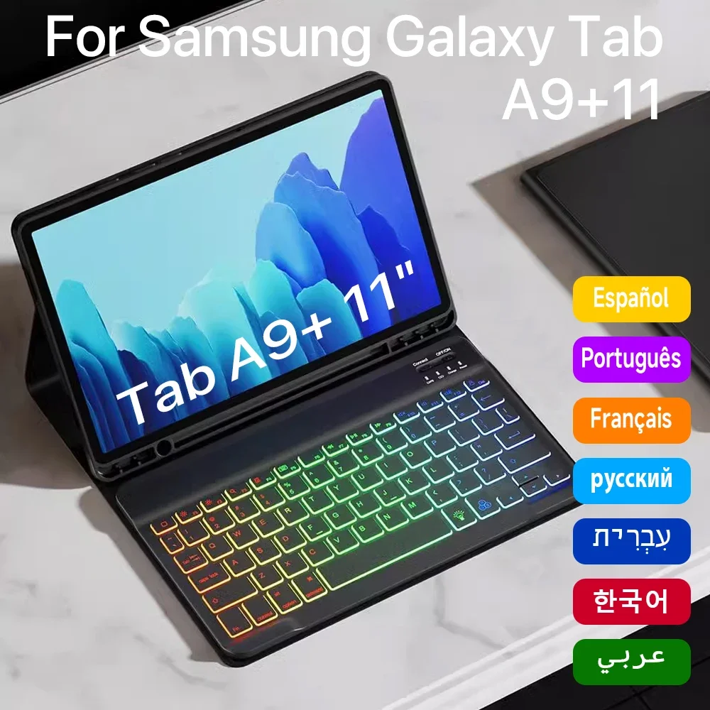 Dla Samsung Galaxy Tab A9 Plus A9+ 11 X210 X215 X216 Etui na klawiaturę Koreański Hebrajski Hiszpański Portugalski Podświetlana klawiatura
