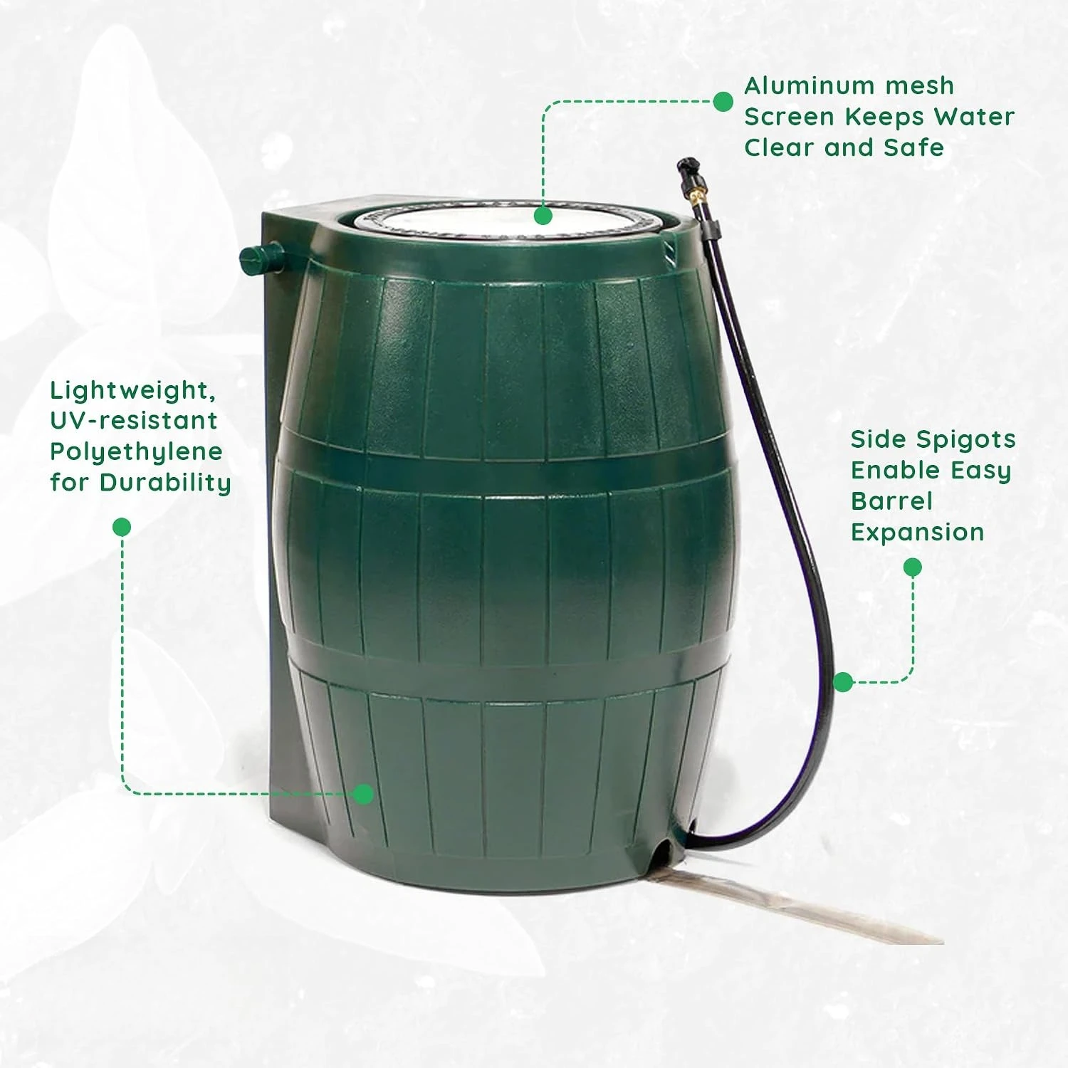 Green 50 Gallon Flat‑Back Rain‑Water Collection Barrel with Multi‑Purpose Spigots, Space‑Saving Outdoor Rain Catcher Storage Container for Backyard, Patio & Garden Irrigation