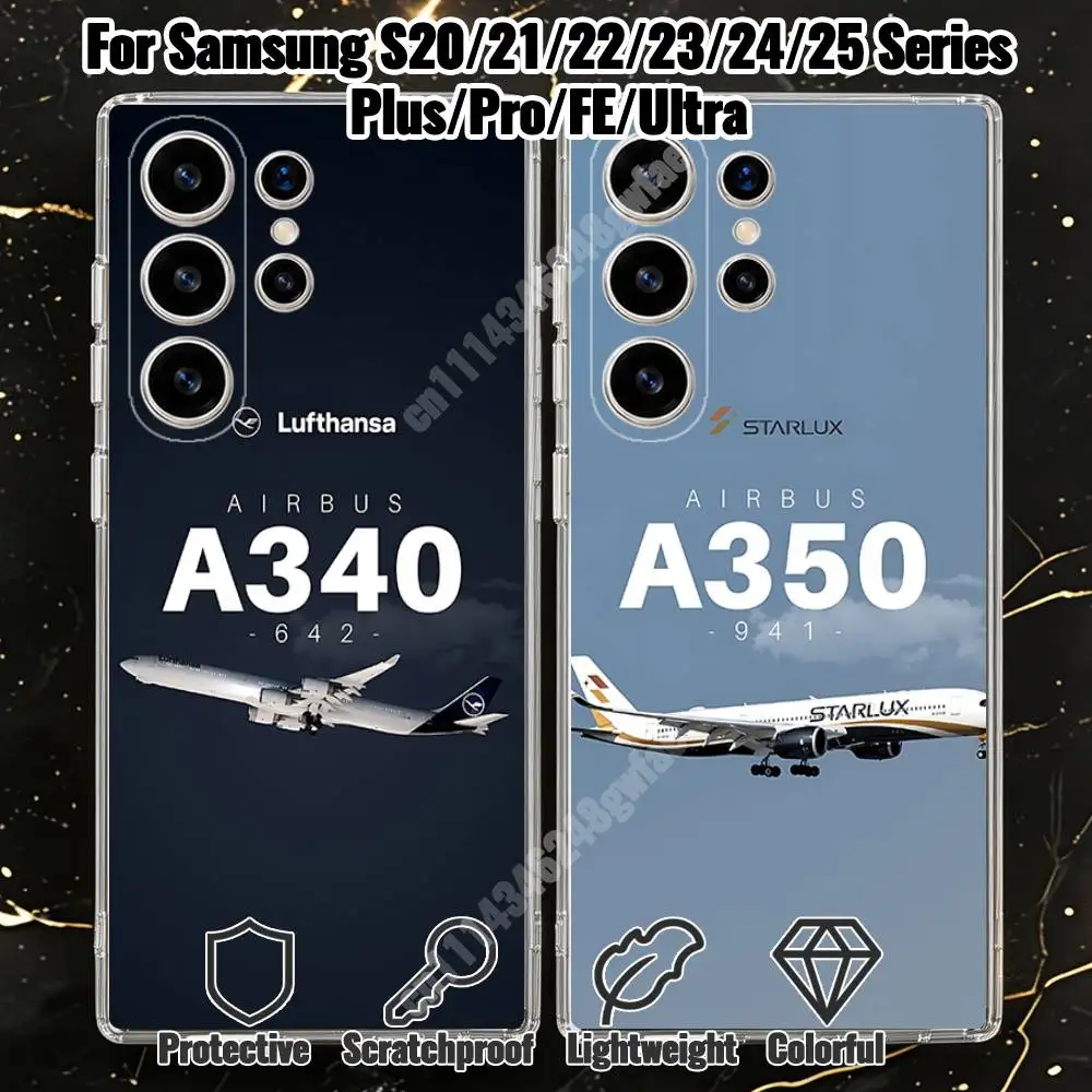Sky Flight A340 A350 A380 Airplane Phone Case for Samsung Galaxy S20 21 Ultra Plus S22 23 FE Lite S24 25 Transparent Cover