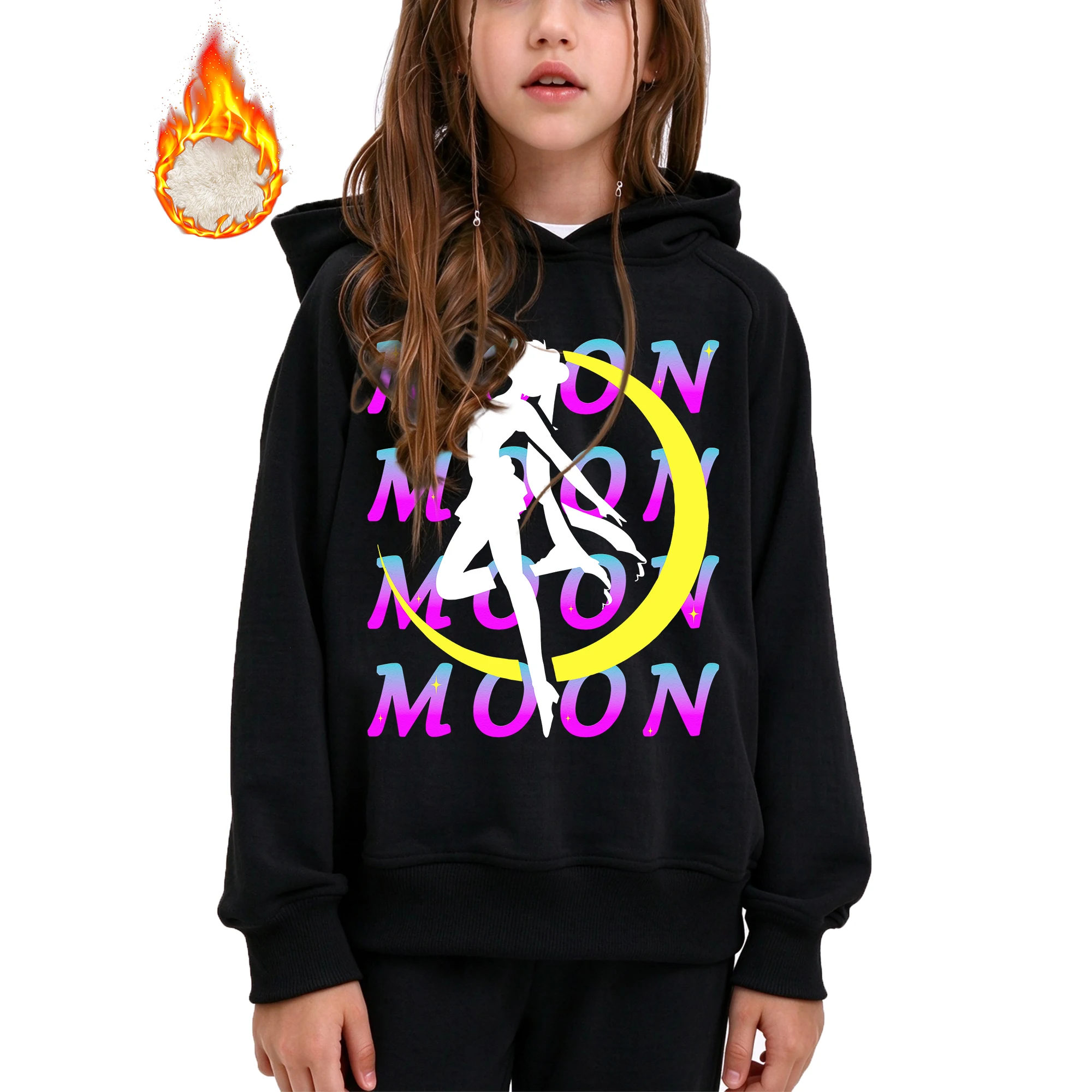 Girls Hoodie Kids Hooded Sweatshirt Gradient Moon Print Casual 3-14Y Girls Pullover Top For Autumn Daily Wear