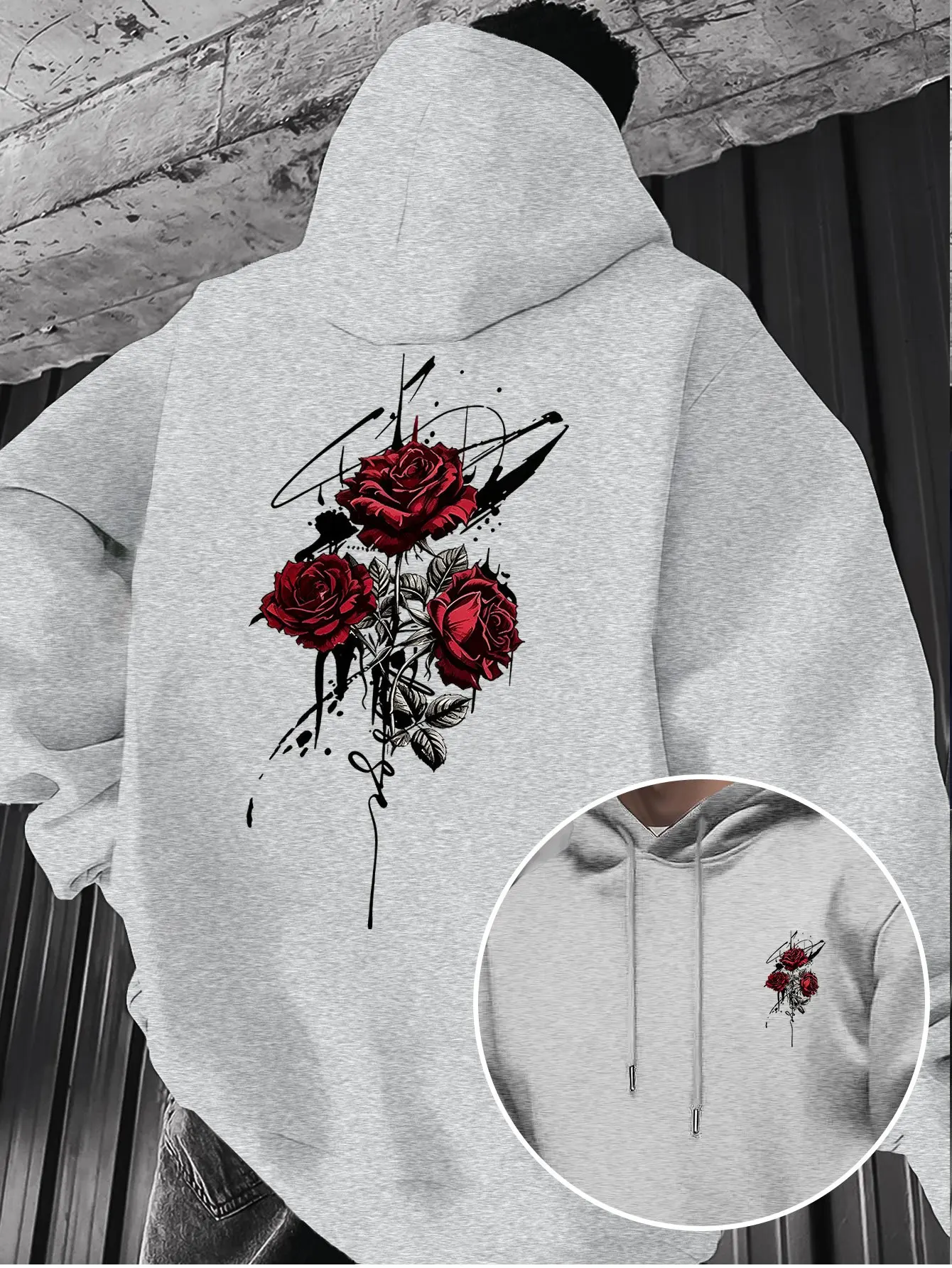 Retro Red Rose Splash Ink Art Printed Hoodie Men's High Street Niche Casual Hoodie Long Sleeve Hoodie
