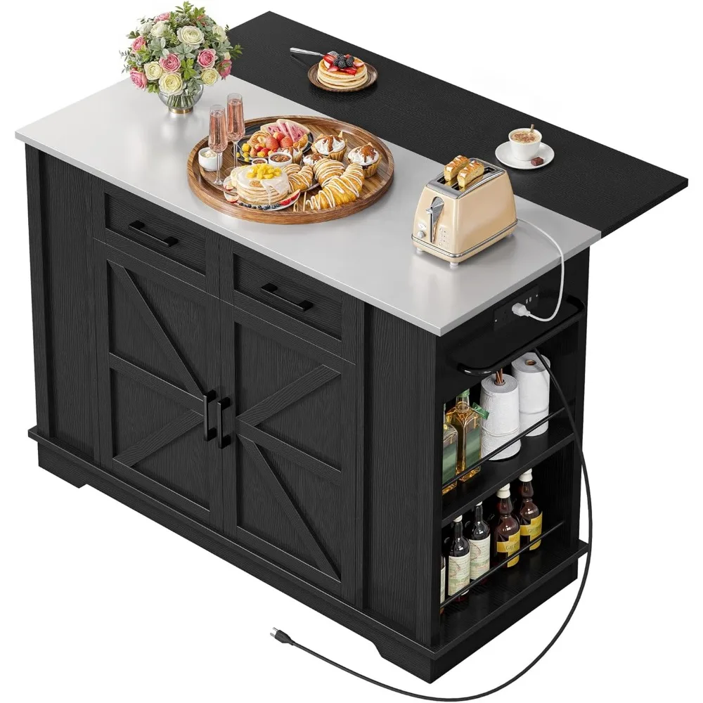 Isla de cocina con toma de corriente para asientos con barra de hoja superior de acero inoxidable, ilhas centrales móviles portátiles rodante de 47" con plegable D