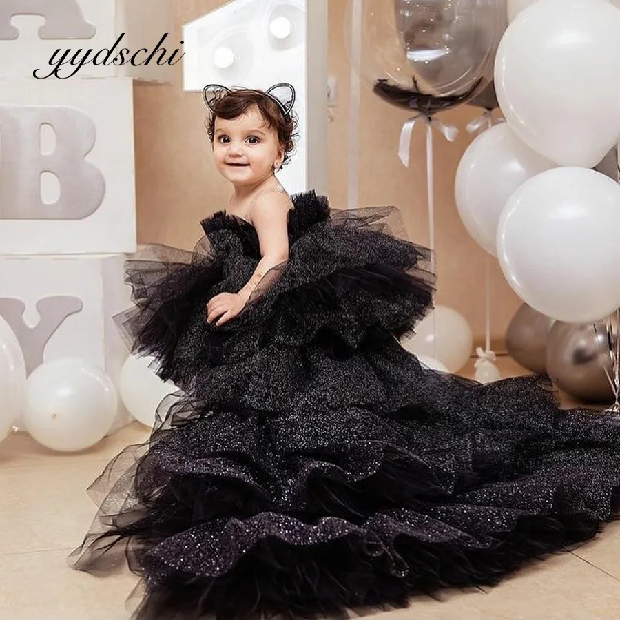 Customized Fluffy Flower Girl Dress Party Kids Birthday Sleeveless Princess Lace Dresses Court Train Shiny Black Ball Gown