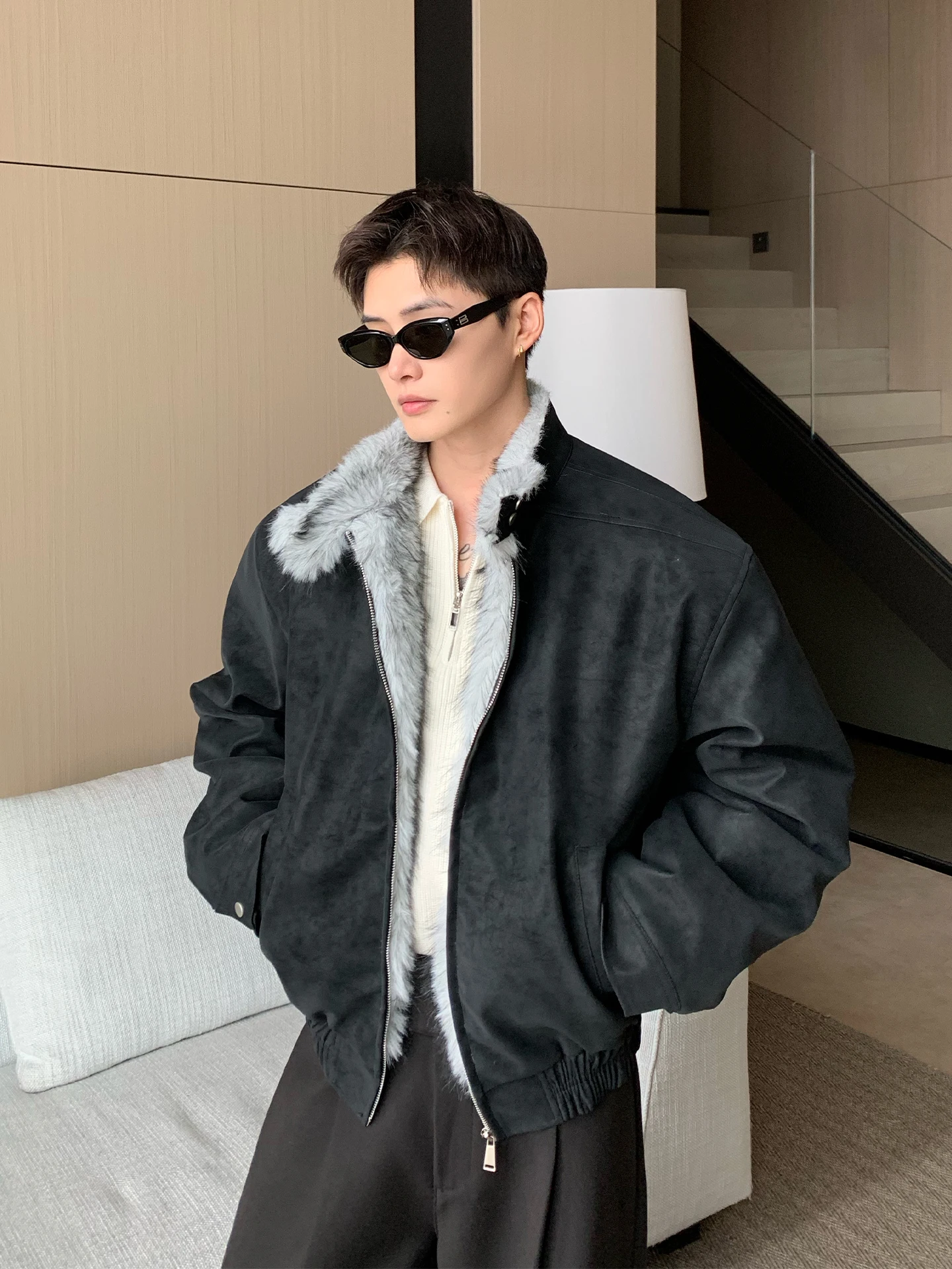 الرجال 2025 شتاء جديد فو فرو المنك بولي Leather الجلود سميكة سترات الذكور وسيم سحاب أكمام طويلة معاطف جيب الديكور شيك سترات #2