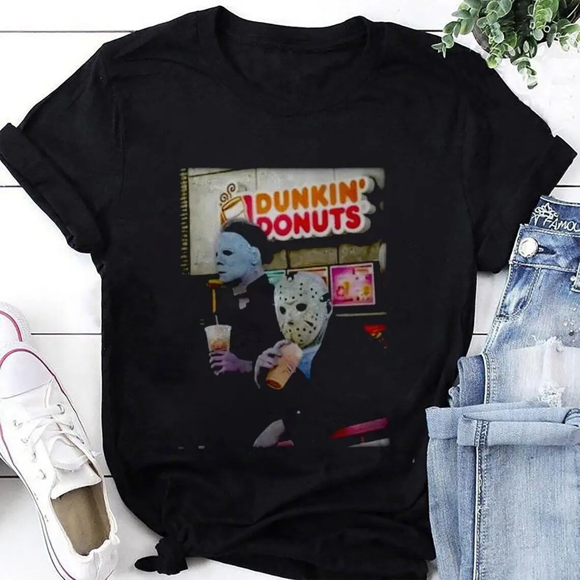 Myers and Jason Drink Dunkin’ Donuts Funny Halloween T-Shirt, Horror Movie Tee