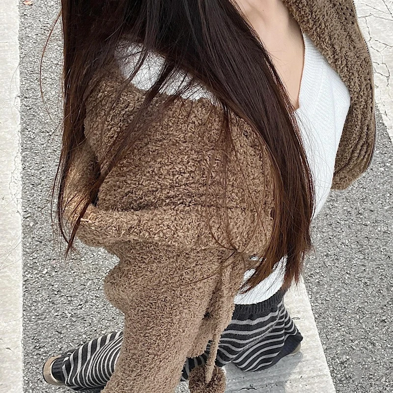 

Женский вязаный кардиган с капюшоном и медвежьими ушками, осень 2022, новый сладкий и пряный плюшевый утягивающий топ с длинными рукавами