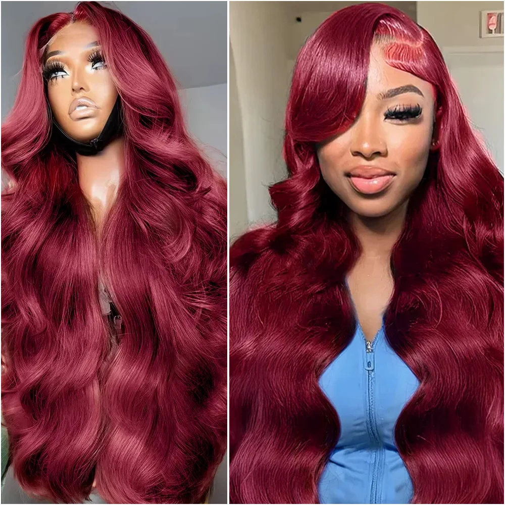 

Красные парики из натуральных волос 99J Burgundy 13x6, 40 дюймов, с кружевной передней частью, 200% плотность, предварительно выщипанные, HD-кружево, волнистые, для женщин