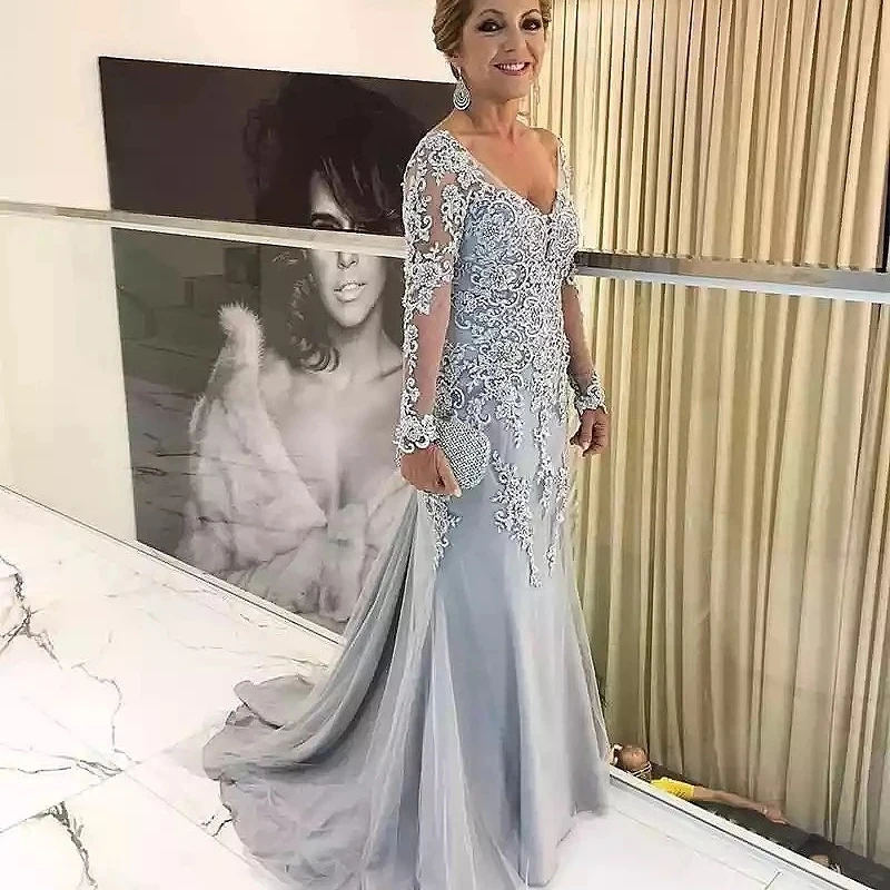 

2023 Mermaid Mother of The Bride Dress Long Sleeve Tulle Satin Mother Dress Plus Size Wedding Party Guest Gown vestidos de gala