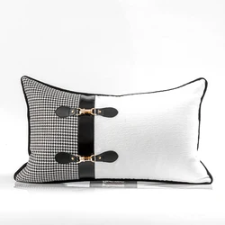 50x30cm Metal buckle waist pillowcase sofa decorative black white gingham cushion cover patchwork lumbar pillow cover backrest