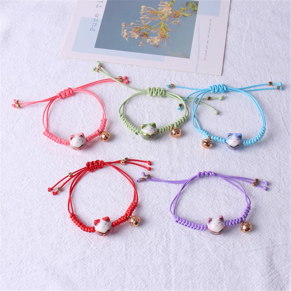 Ceramic Lucky Cat Multicolor Cute Animal Hand-Knitted Bracelet Fashion Cartoon Harajuku Jewelry Accessory Wholesale For Women