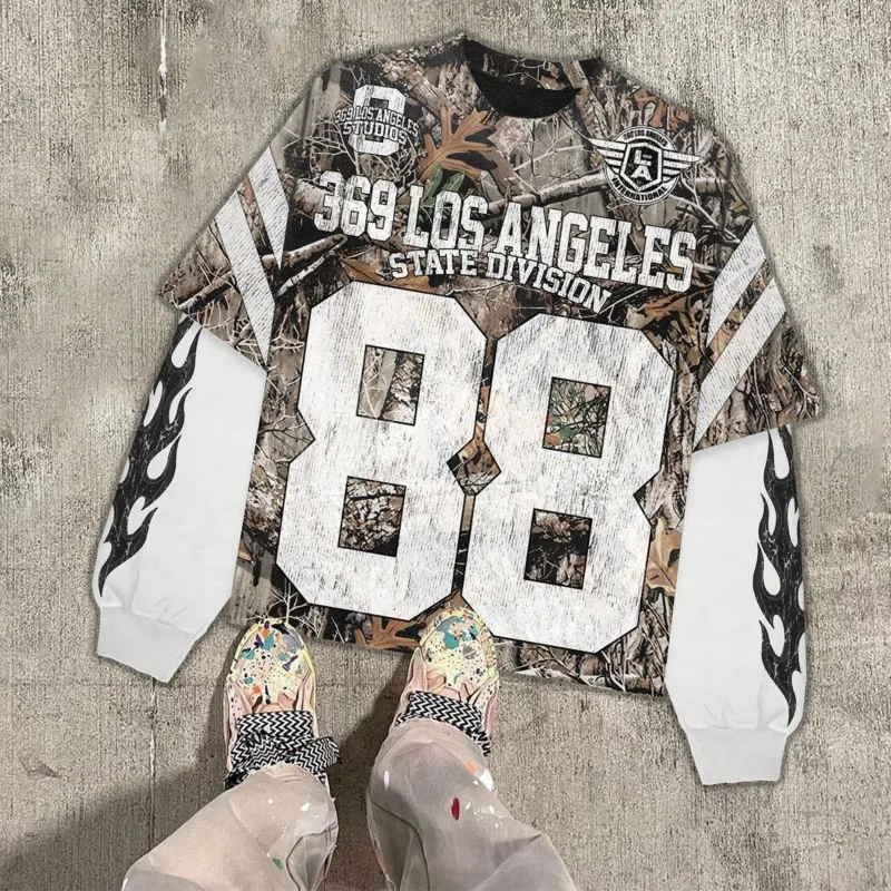 Men American Style Vintage Versatile Gothic Pullover 2024 New Harajuku Y2k Hip Hop Letter Print Breathable Patchwork Sweatshirt