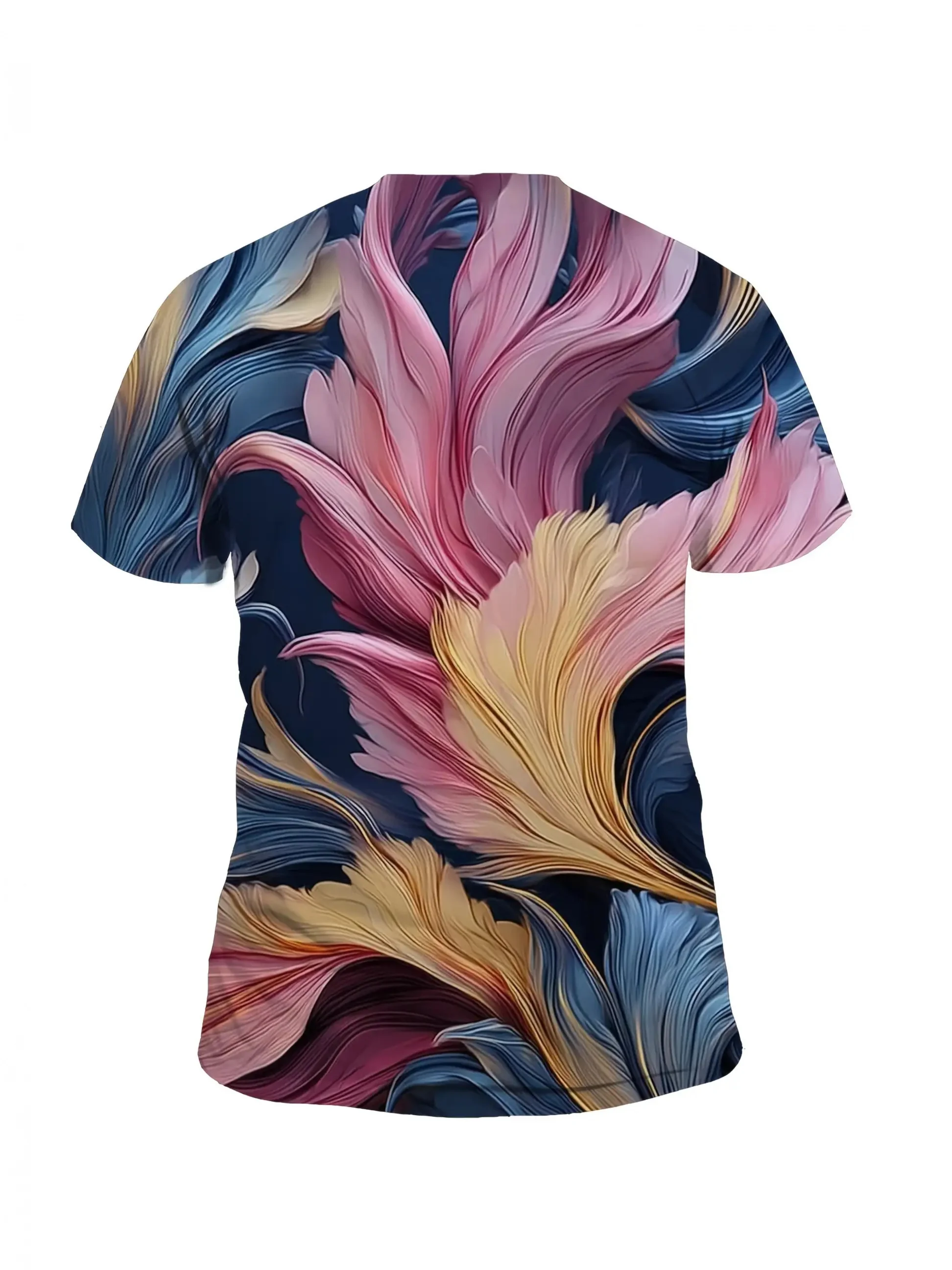 Men Gradient Pink Blue Golden Feather Fluid Print Short Sleeve Crew Neck Casual T-shirt