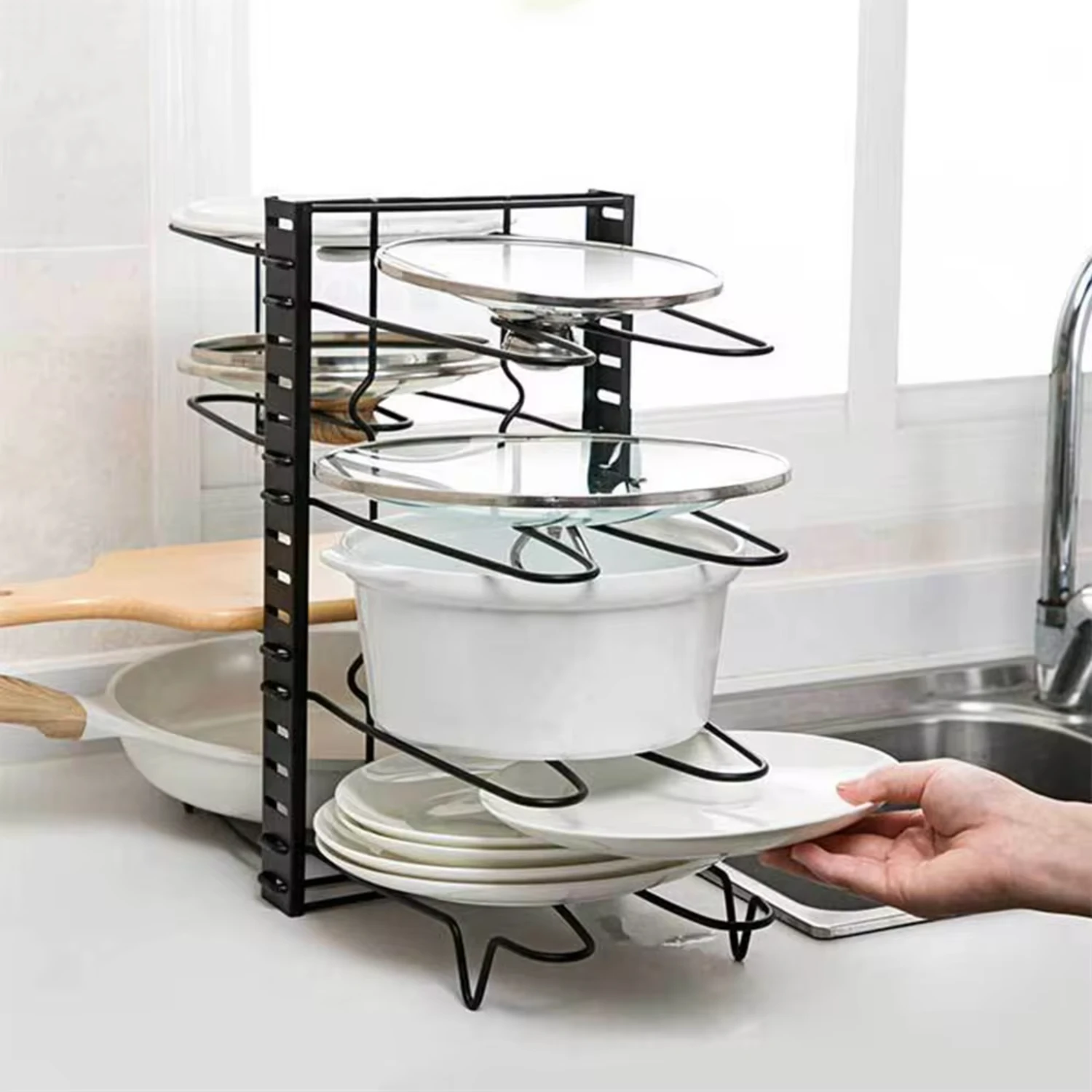 New 8 Tiers Pan Pot Organizer Rack Multi-layer Iron Wire Bilateral Pot Adjustable Cabinet Pots Lids  Rack Kitchen Tool