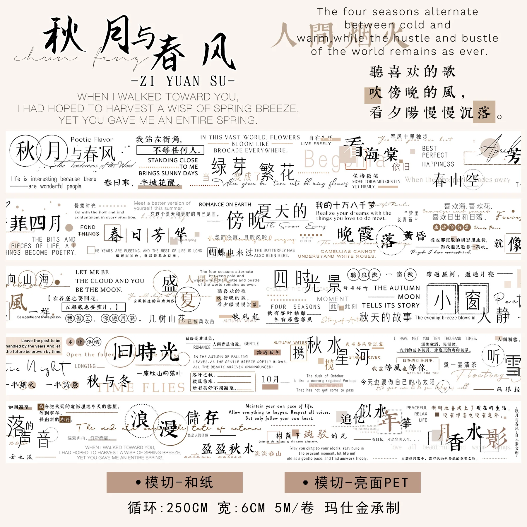 

Washi Pet Tape Zi Yuan Su Studio Journal Высеченные элементы английских и китайских иероглифов Журнальные наклейки для коллажей Осень