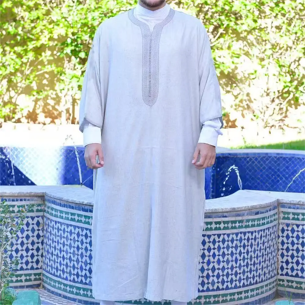 Men's Kaftan Jubah Muslim Robe Short Sleeve Embroidered Arab Ethnic Style Men's IslamicClothing