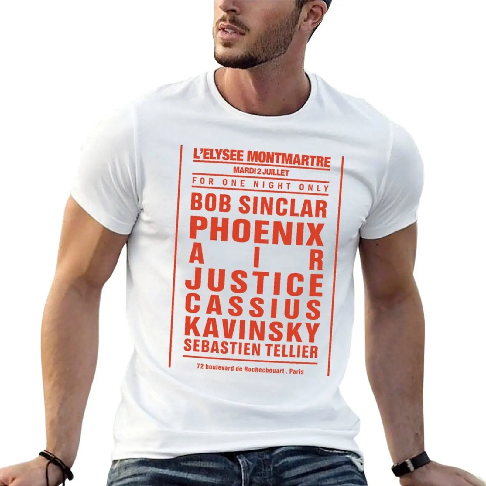 Póster del concierto de ensueño ELYSEE MONTMARTRE: modelo vintage en blanco y rojo de La French Touch, camisetas con estampados.