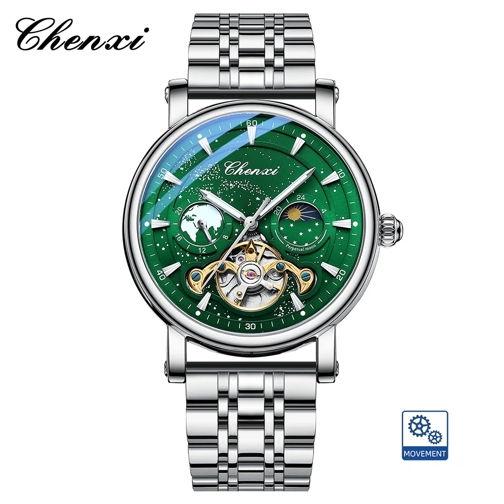 CHENXI Skeleton Tourbillon mechanische Uhren für Herren, vollautomatische leuchtende Mondphase-Chronograph-Herrenuhr 3