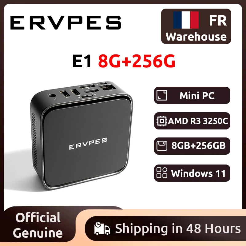 Mini PC ERVPES E1, AMD Ryzen 3 3250C, 8 Go DDR4, 256 Go SSD, Windows 11 Pro, Wifi double bande, BT5.2, ordinateur de bureau mini