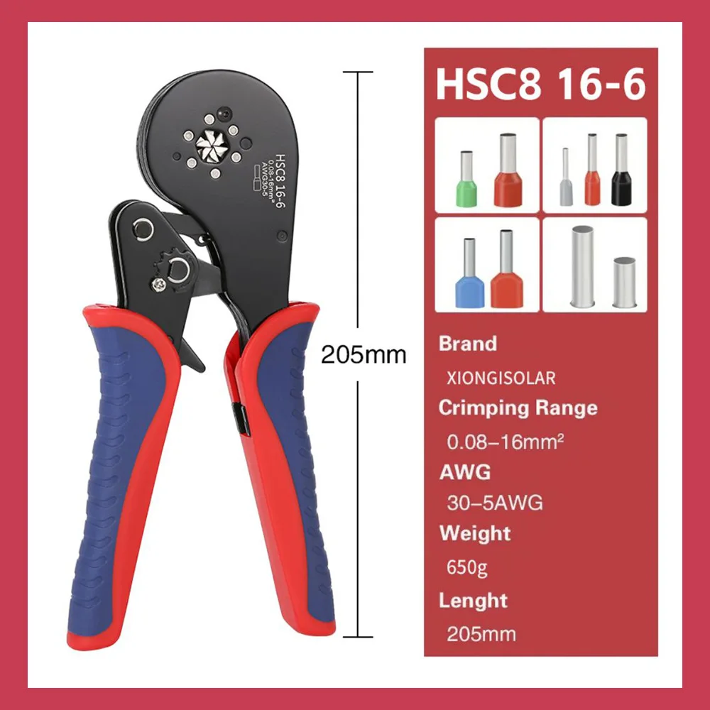 Red Blue Handle Crimping Plier, 30-5AWG Hex Wire Ferrule Crimper, Hand Cold Crimp Terminal Electric Wiring Tool