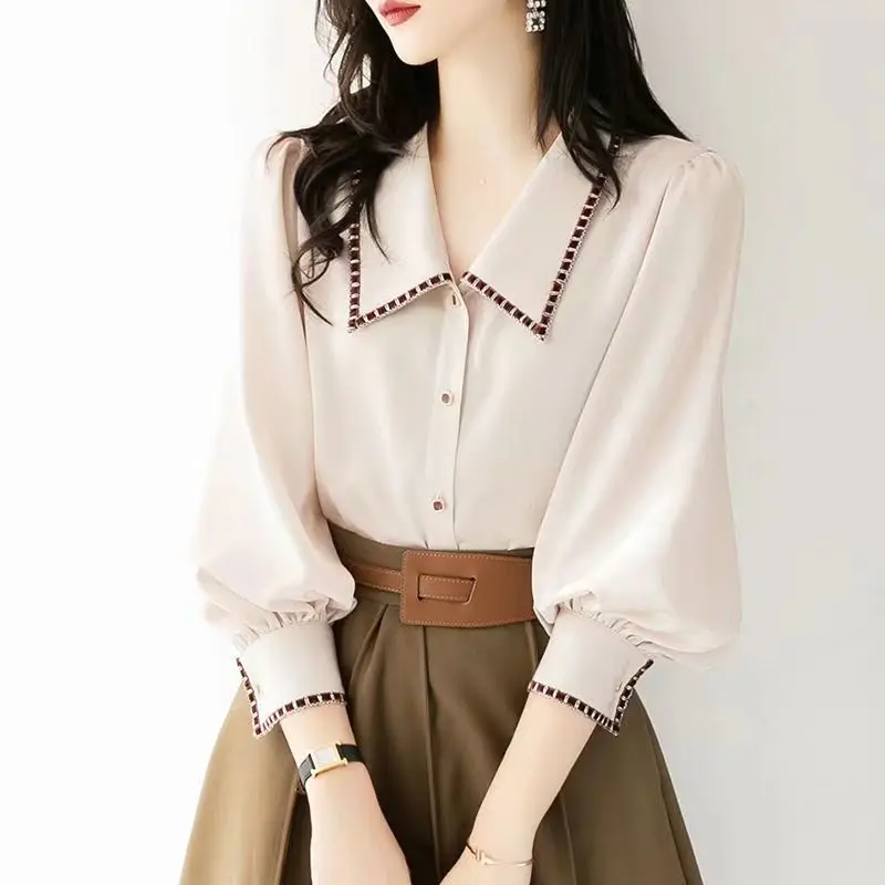 Women's Korean Fashion Elegant Button Up Shirt Autumn Office Lady Temperament Commute Blouse Solid Loose Long Sleeve Tops Blusas