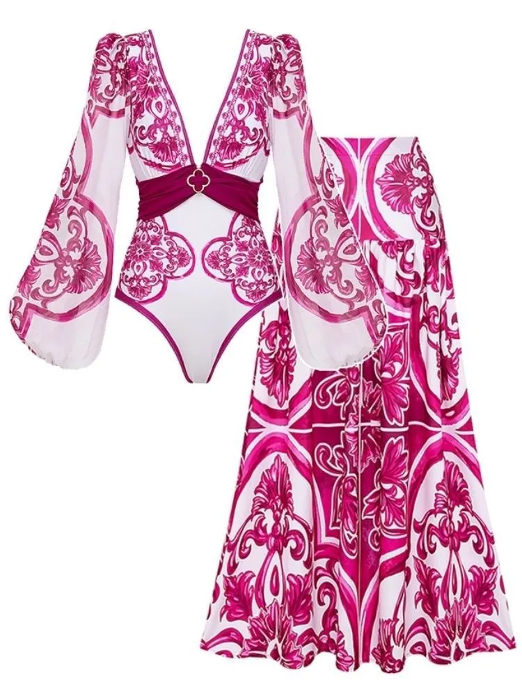 

Bikini Bodysuit Swimwear Women With Skirt Bathing Suit Summer New Ruffle Splice Print Beachwear Holiday Bikini Cover Ups Outfits