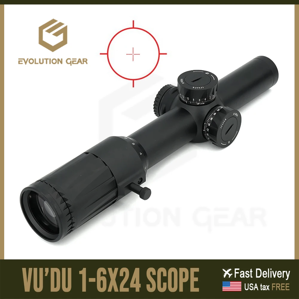 

EvolutionGear Riflescope Airsoft VUDU 1-6X24mm FFP LPVO Scope SR1 Red Cross Reticle Illuminated For Hunting w Original Markings
