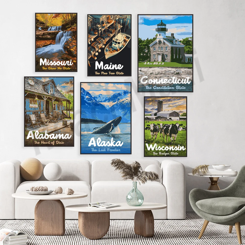 Alaska, Arizona, Connecticut, New York, North Dakota, Wisconsin, Missouri, Maine, Nevada, Alabama, Kansas travel posters