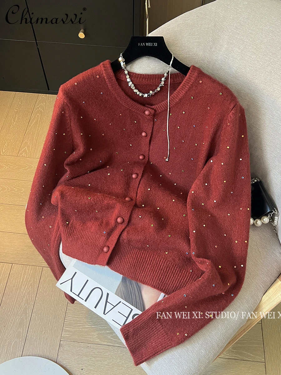 Red Sweater Jacket Women's Autumn and Winter Fashion Long-sleeved Elegant Casual Color Diamond-encrusted Knitted Cardigan Top