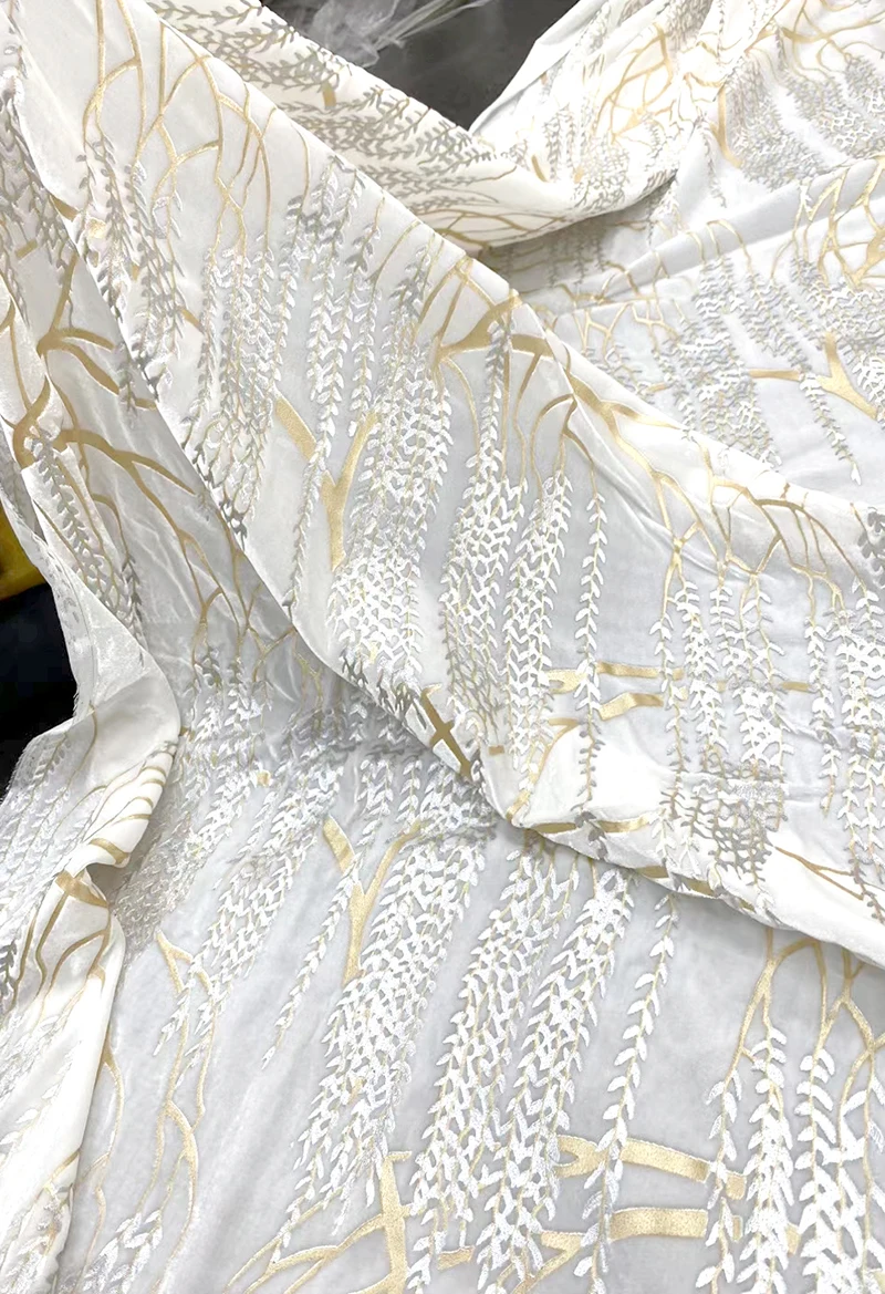 White Floral Gold stamping 40mm Real Silk Velvet Fabric High Quality Garment Materials Women Suits Dress DIY Sewing Cloth Tailor