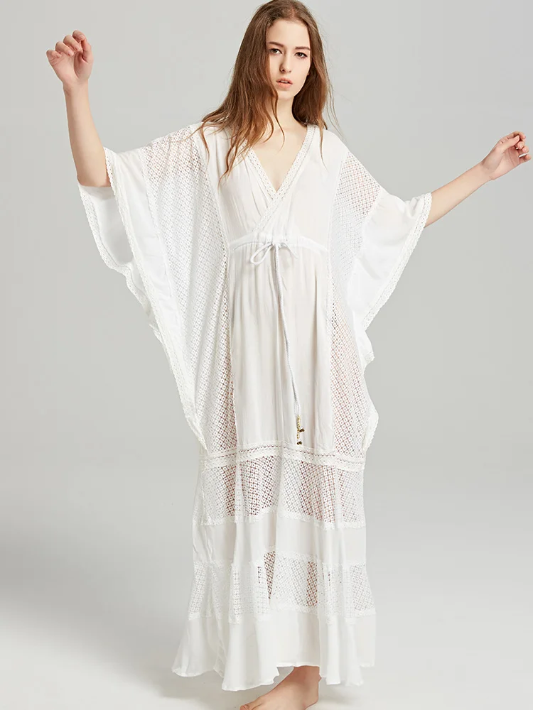 GypsyLady Bohemian Retro Maxi Dress White Batwing Sleeve Backless Sexy Summer Beach Vacation Ladies Female Dresses Turkish Robe