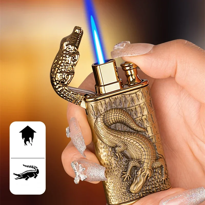 3D Relief Dragon Crocodile Double Fire Lighter Metal Windproof Jet Fire Open Fire Conversion Gas Lighter Smoking Men\'s Gift