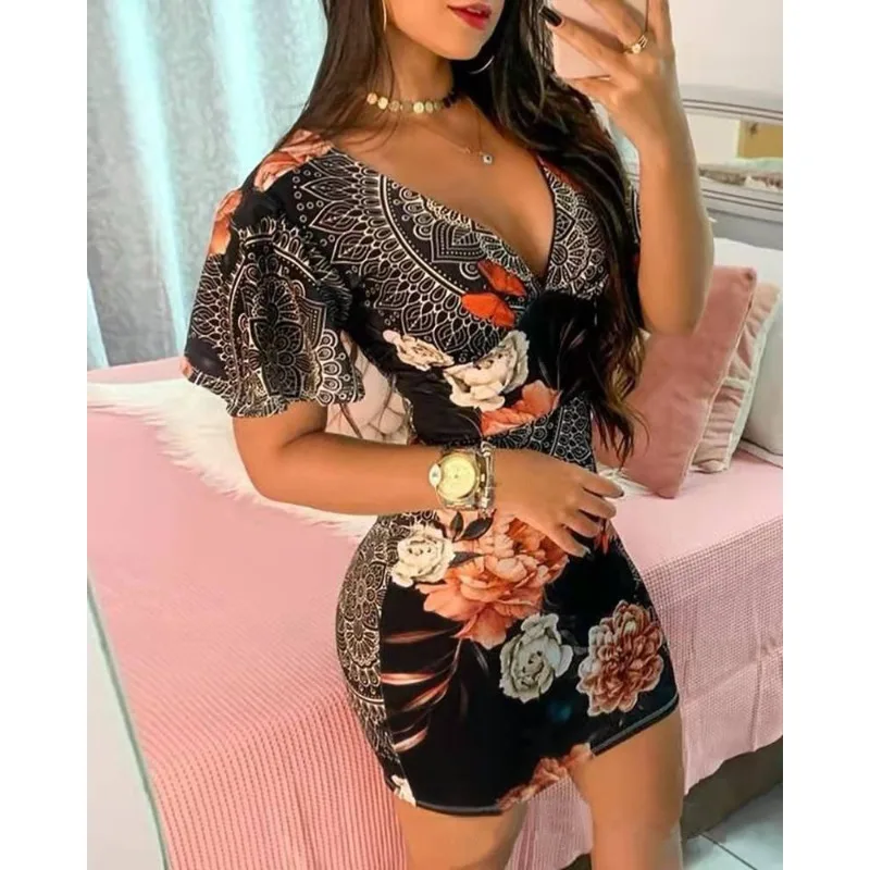 

Новинка весна-лето 2024 женская одежда модное сексуальное платье-футляр с глубоким V-образным вырезом и коротким рукавом