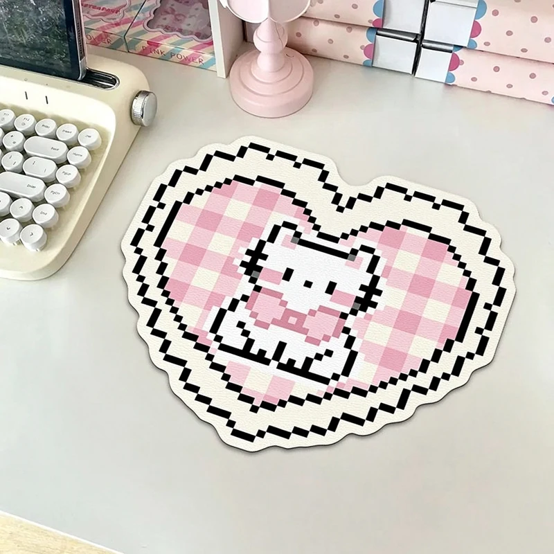 Kawaii Pixel Cat Heart Shape PU Leather Mouse Pad Waterproof Non-slip Desk Mat Aesthetic Office Gaming Computer Laptop Table Pad