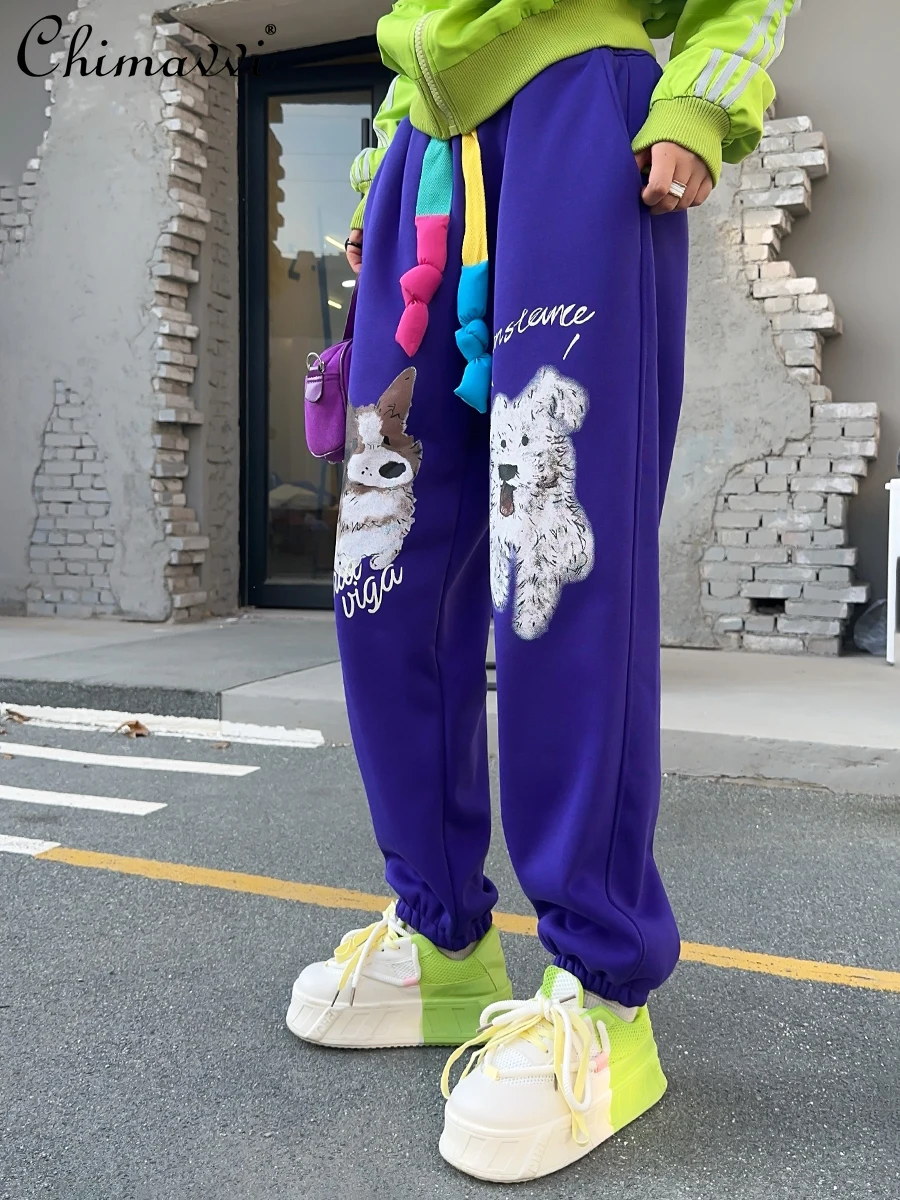 Autumn Winter Large-scale Graffiti Cartoon Print Straight-leg Pants Fashion Fleece Sweatpants Women's Sports Casual Pants