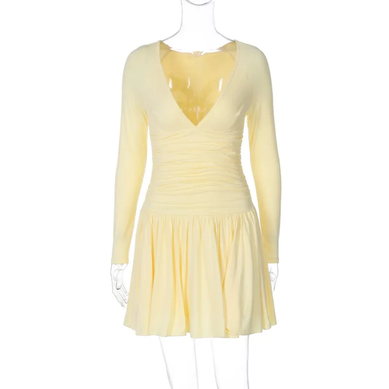 Talenza Weibliche Elegante Gefaltete Kleid Mode Sexy V-ausschnitt Langarm Kleid Luxus Hohe Taille Vintage Schlank Party frauen Kleider