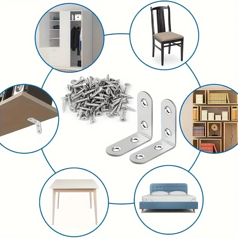 50sets L-shaped bracket corner piece set, 90 degree right angle, including screws, suitable for wooden shelves, chairs, tables,