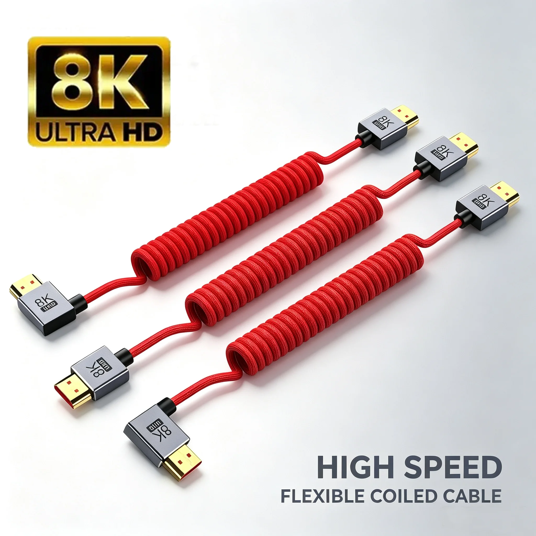 90° Right-Angle Coiled Spring HDMI-Compatible Cable 8K60Hz 4K120Hz 48Gbps HDR EARC Male-to-Male Stretch Cord For Camera Monitor