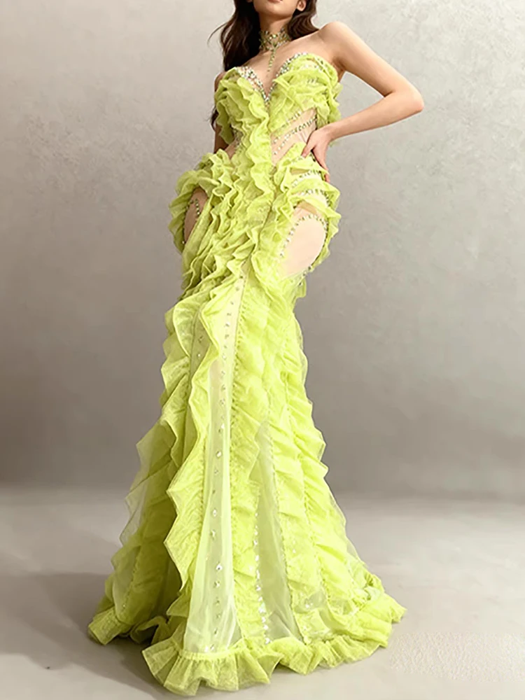 Hochwertiges Heißpräge-Chiffon-Wellen-Mesh-Fischschwanzkleid 2025, neue Mode, individuelle Damenbekleidung